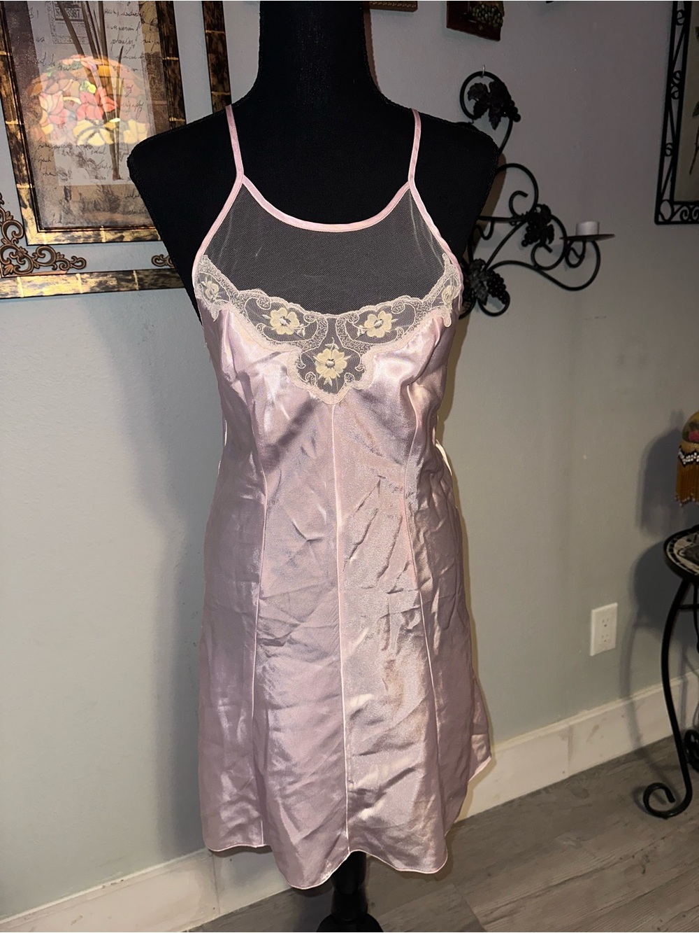 Vintage Mara di Carli Pink Satin Slip Dress Floral Embroidered Lace Trim Mesh, M